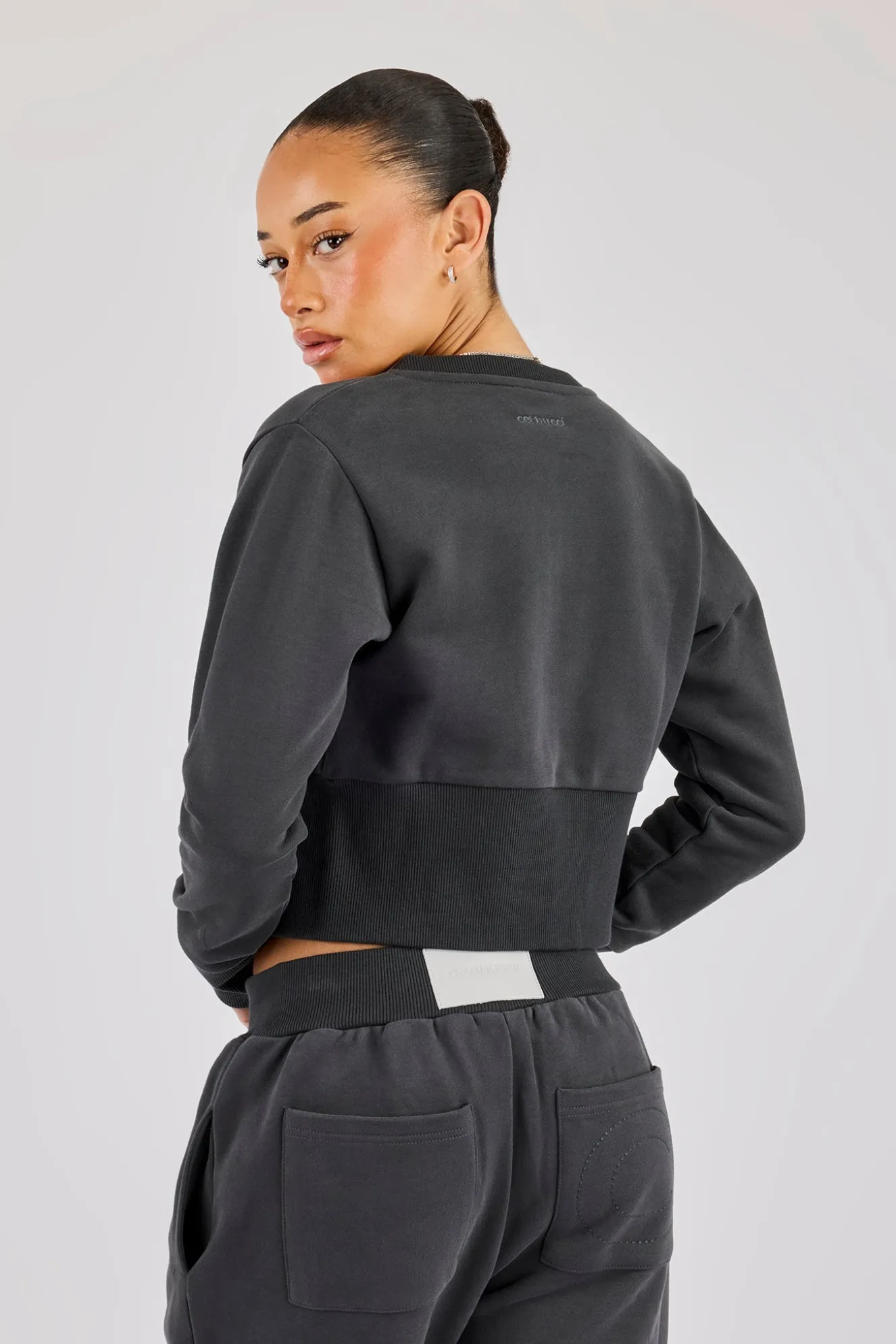 Fitted Rib Zip Through Sweat & Wide Leg Jogger - Charcoal