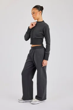 Fitted Rib Zip Through Sweat & Wide Leg Jogger - Charcoal