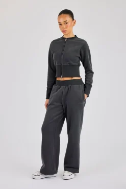 Fitted Rib Zip Through Sweat & Wide Leg Jogger - Charcoal
