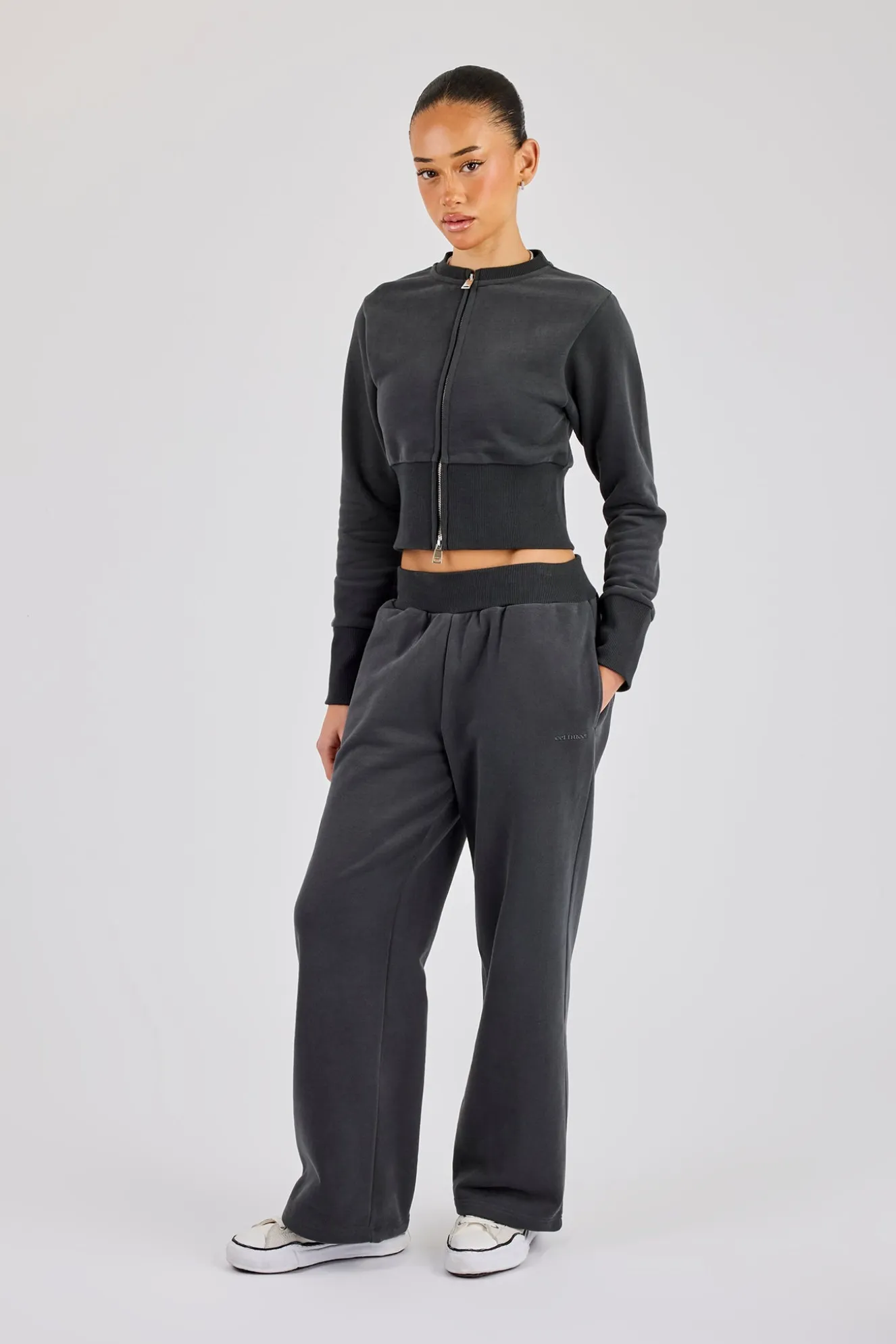 Fitted Rib Zip Through Sweat & Wide Leg Jogger - Charcoal