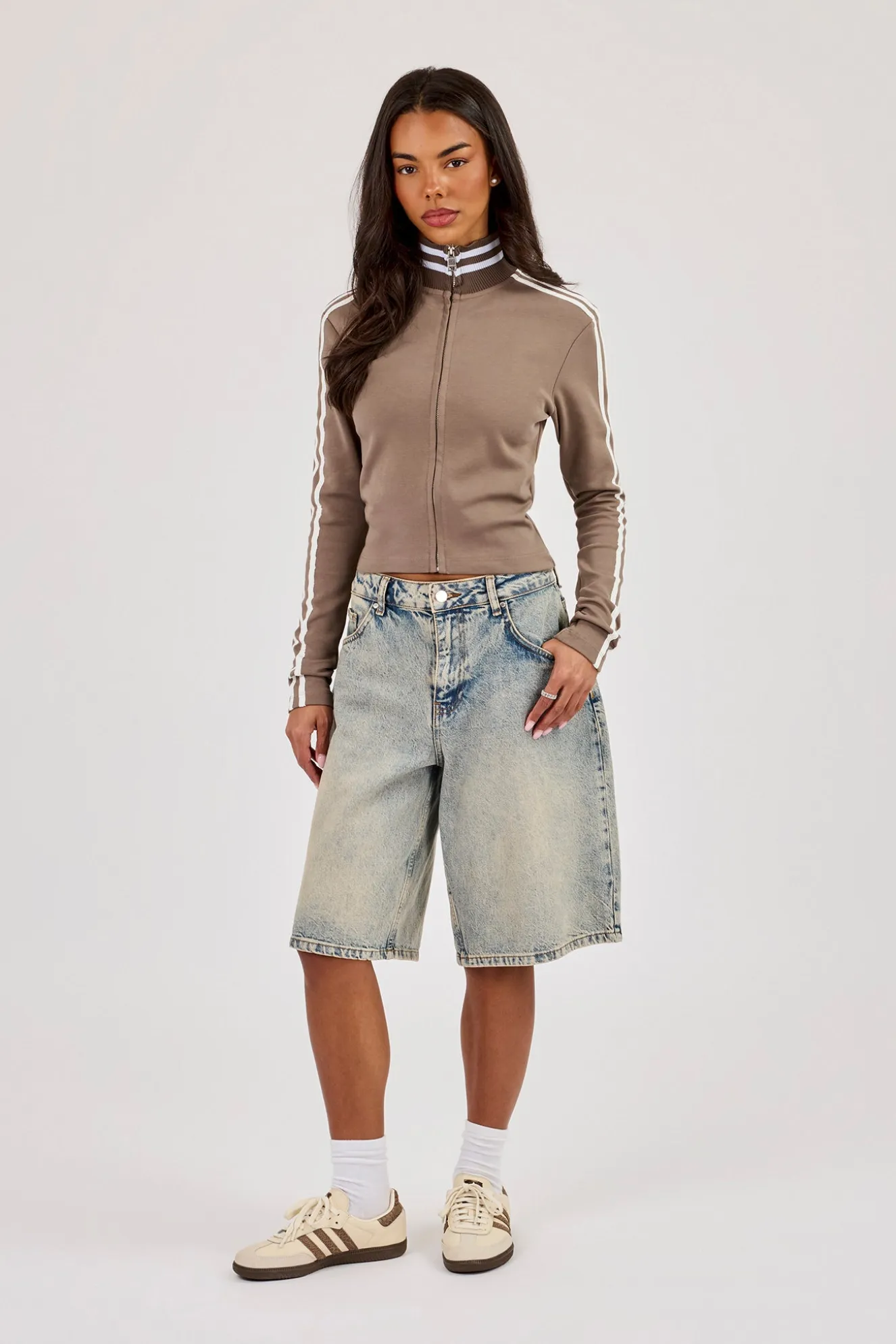 Fitted Sports Stripe Zip Through Funnel Neck - Taupe