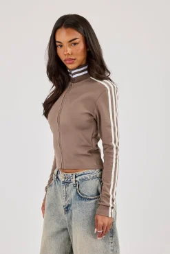 Fitted Sports Stripe Zip Through Funnel Neck - Taupe
