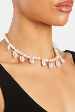 Freshwater Pearl Pastel Cowrie Shell Necklace - Gold - 6mm