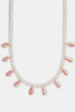 Freshwater Pearl Pink Cowrie Shell Necklace - Gold - 6mm