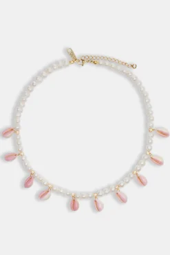 Freshwater Pearl Pink Cowrie Shell Necklace - Gold - 6mm