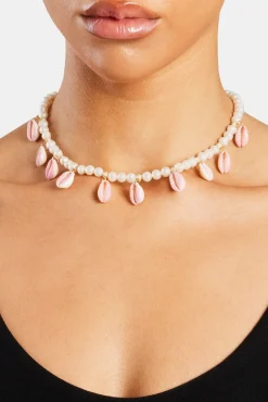 Freshwater Pearl Pink Cowrie Shell Necklace - Gold - 6mm