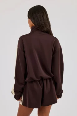 Funnel Neck Butter Yellow Taping Zip Through Track Jacket - Chocolate