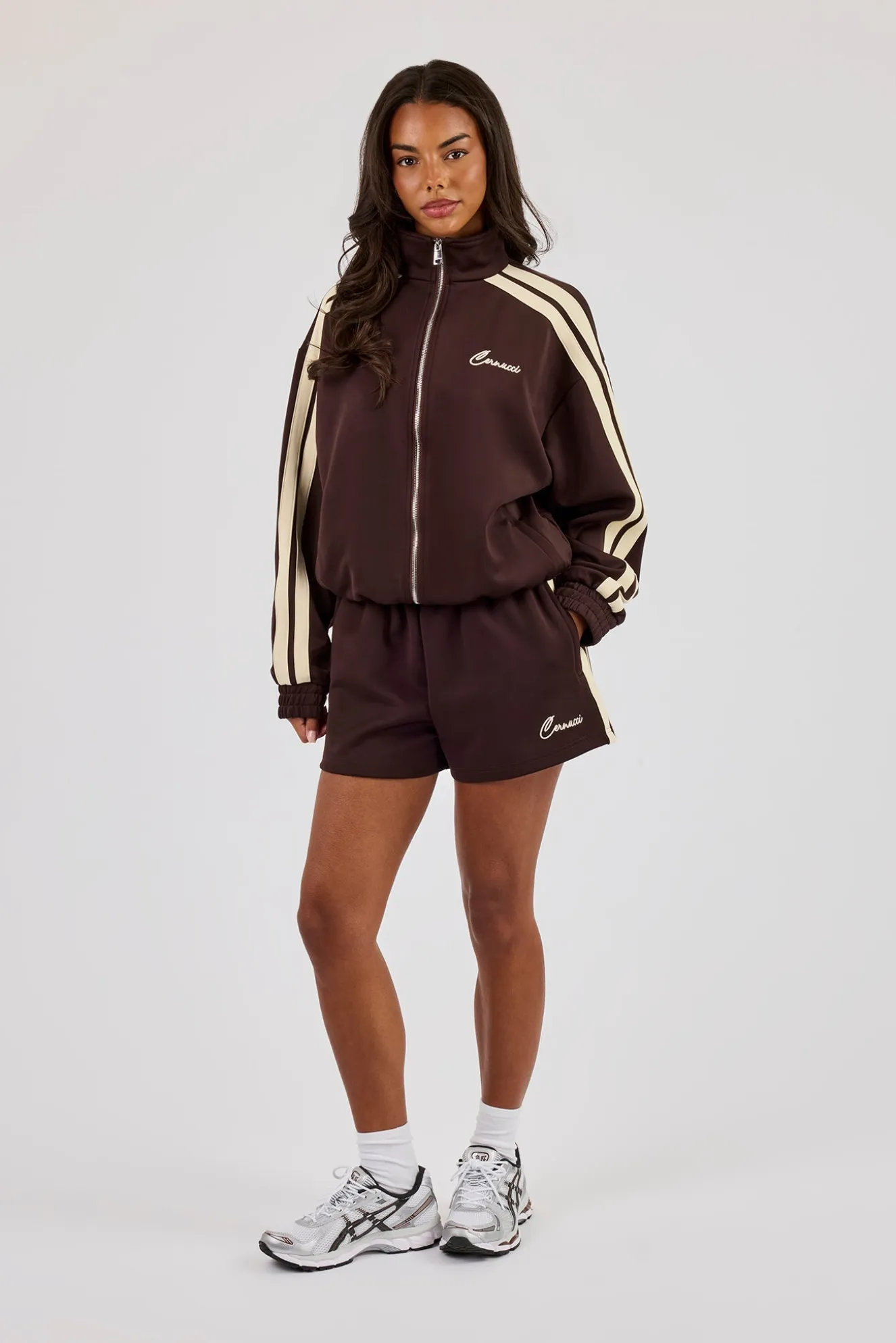 Funnel Neck Butter Yellow Taping Zip Through Jacket & Short - Chocolate