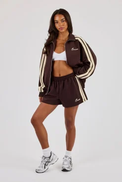 Funnel Neck Butter Yellow Taping Zip Through Jacket & Short - Chocolate