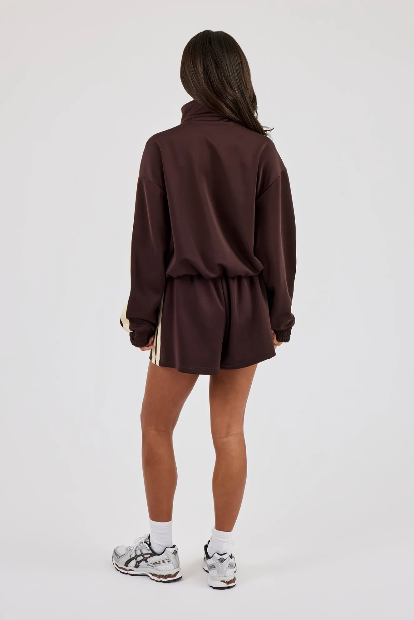 Funnel Neck Butter Yellow Taping Zip Through Jacket & Short - Chocolate