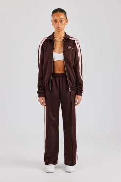 Funnel Neck Pink Taping Zip Through Tracksuit - Chocolate