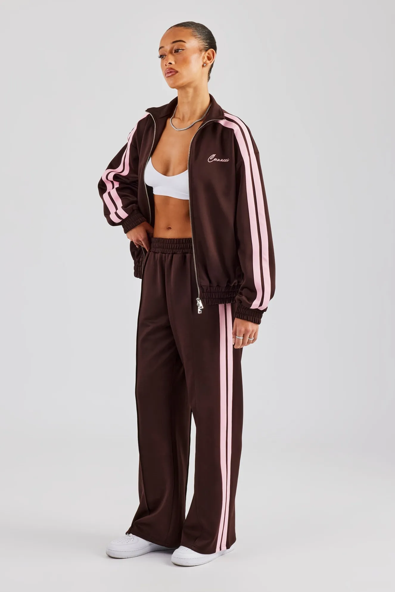 Funnel Neck Pink Taping Zip Through Tracksuit - Chocolate