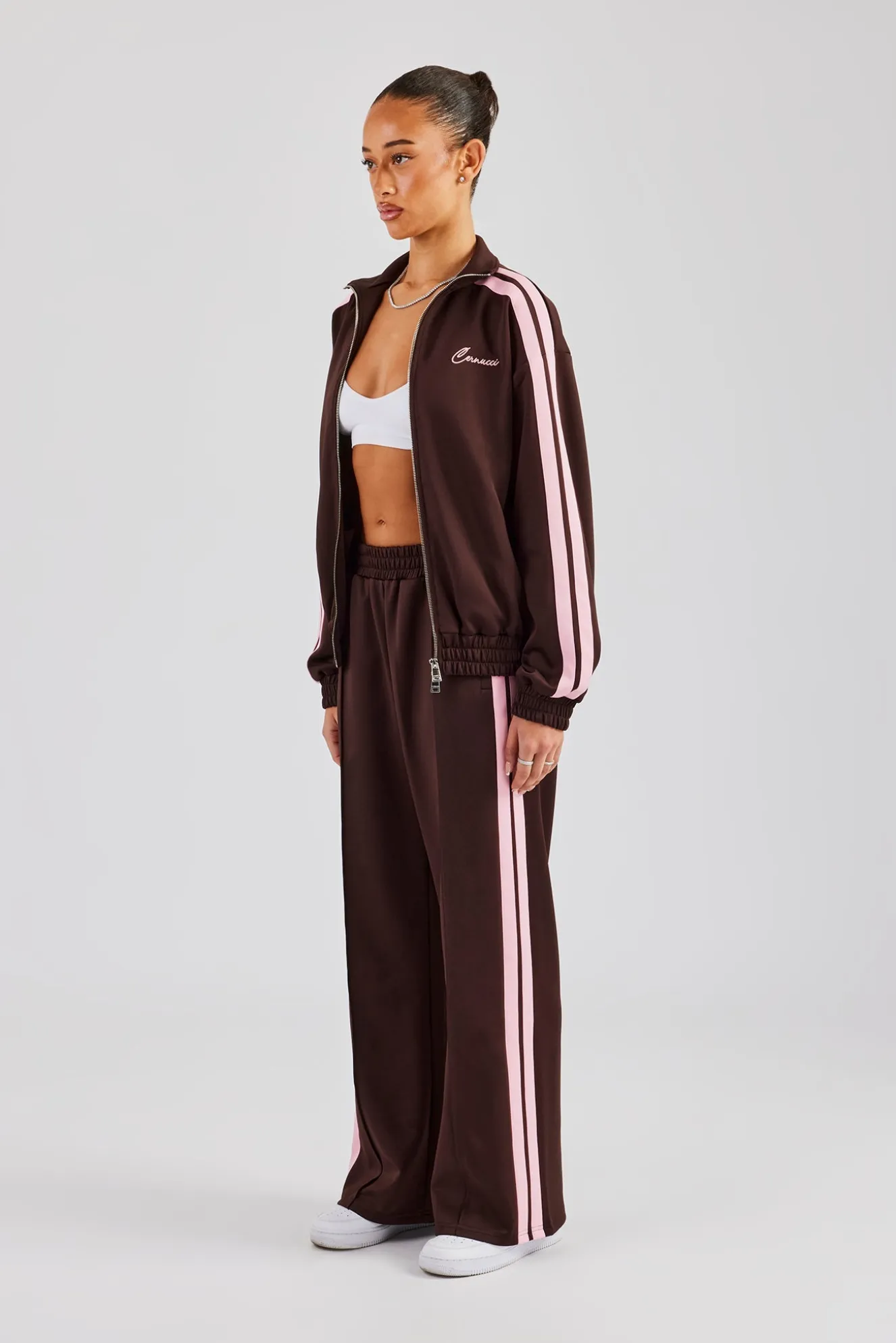 Funnel Neck Pink Taping Zip Through Tracksuit - Chocolate