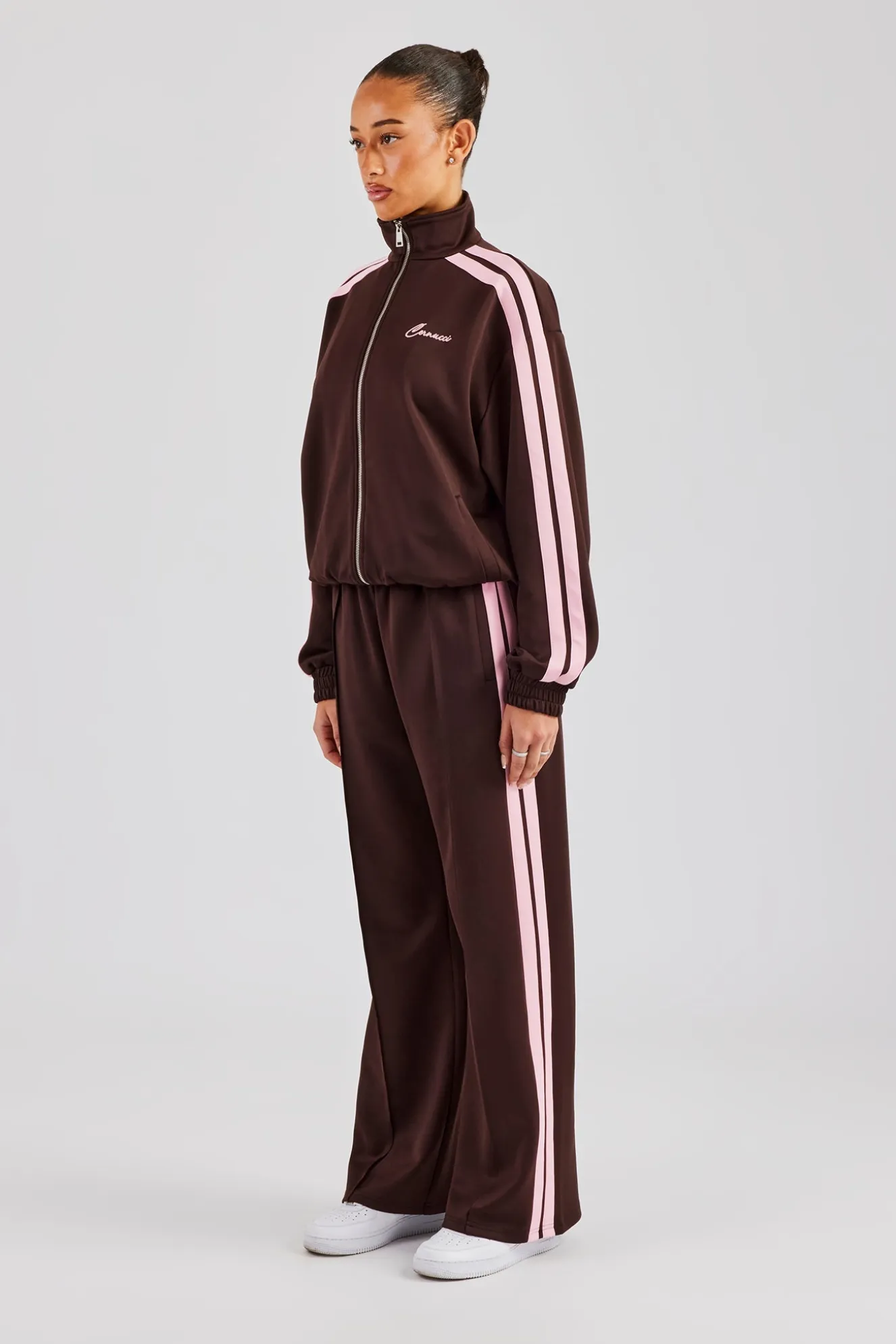 Funnel Neck Pink Taping Zip Through Tracksuit - Chocolate