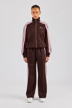Funnel Neck Pink Taping Zip Through Tracksuit - Chocolate