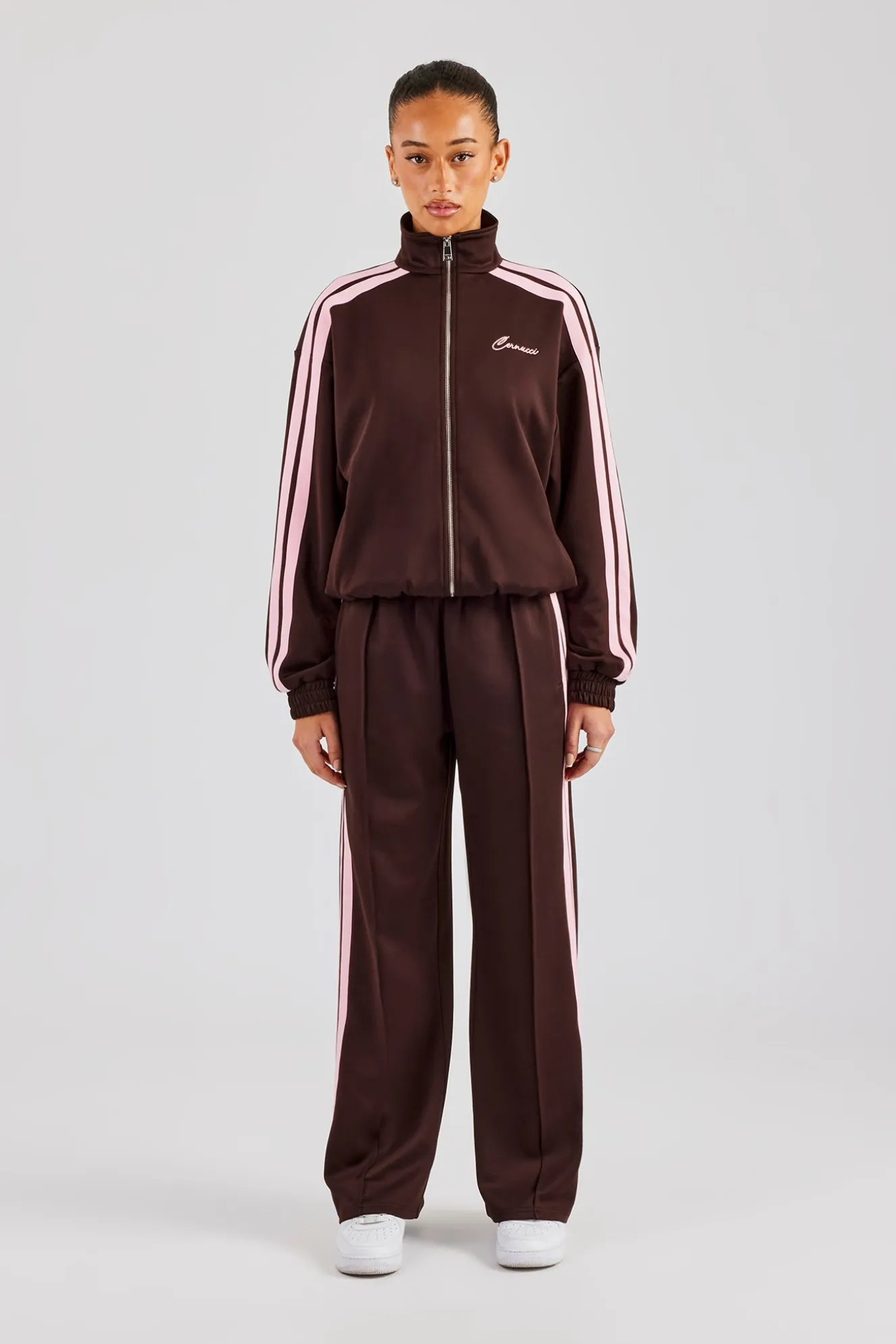 Funnel Neck Pink Taping Zip Through Tracksuit - Chocolate