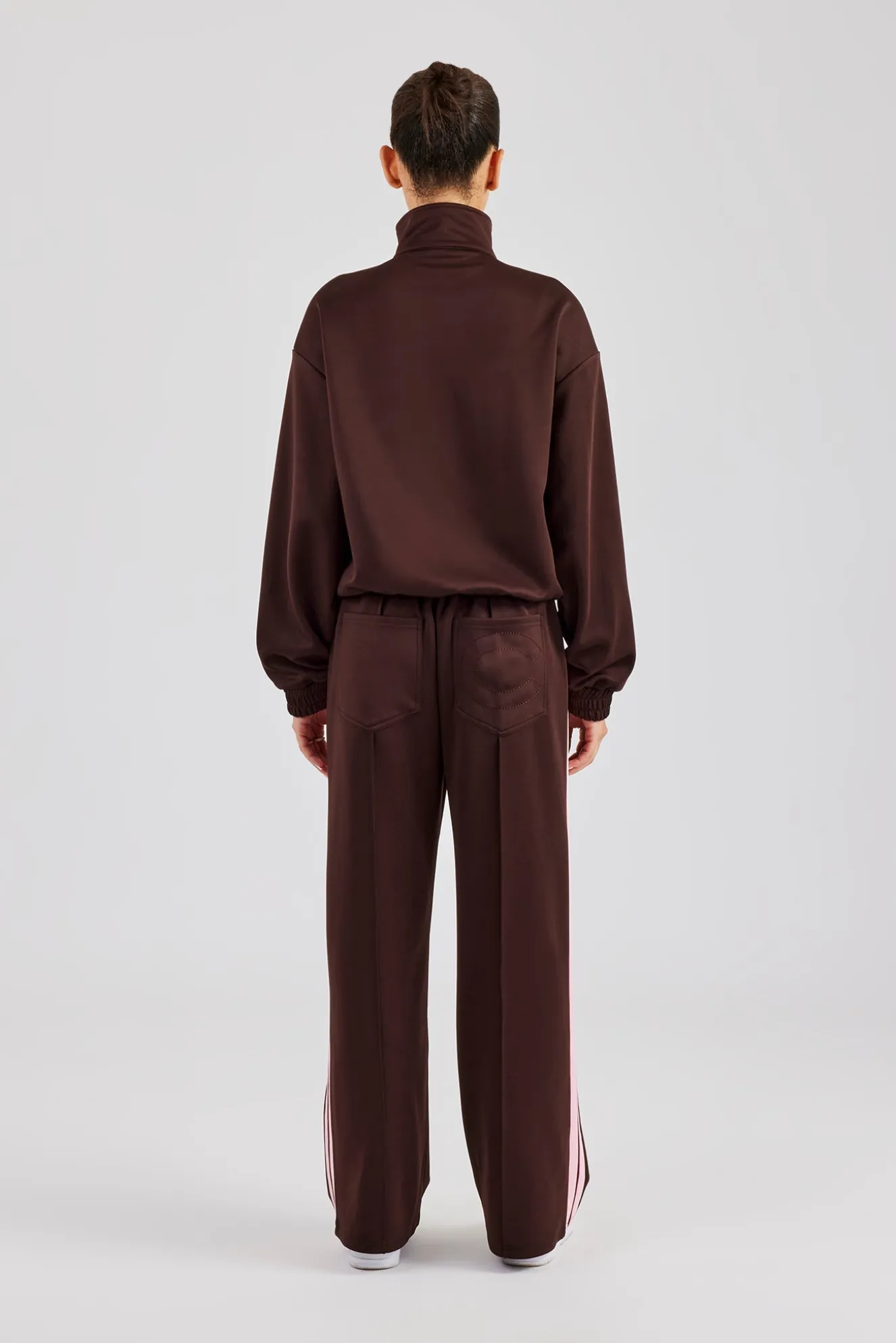 Funnel Neck Pink Taping Zip Through Tracksuit - Chocolate
