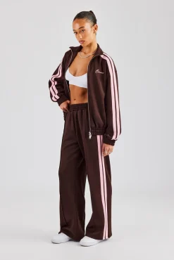 Funnel Neck Pink Taping Zip Through Tracksuit - Chocolate