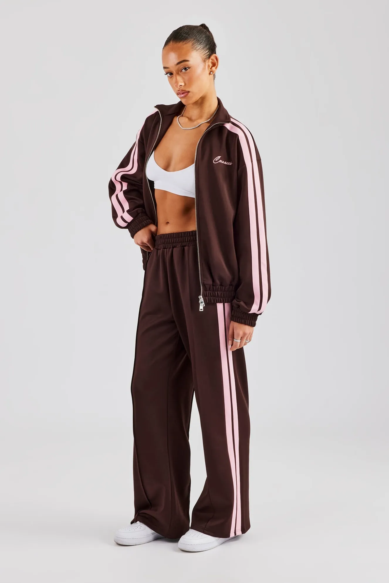 Funnel Neck Pink Taping Zip Through Tracksuit - Chocolate
