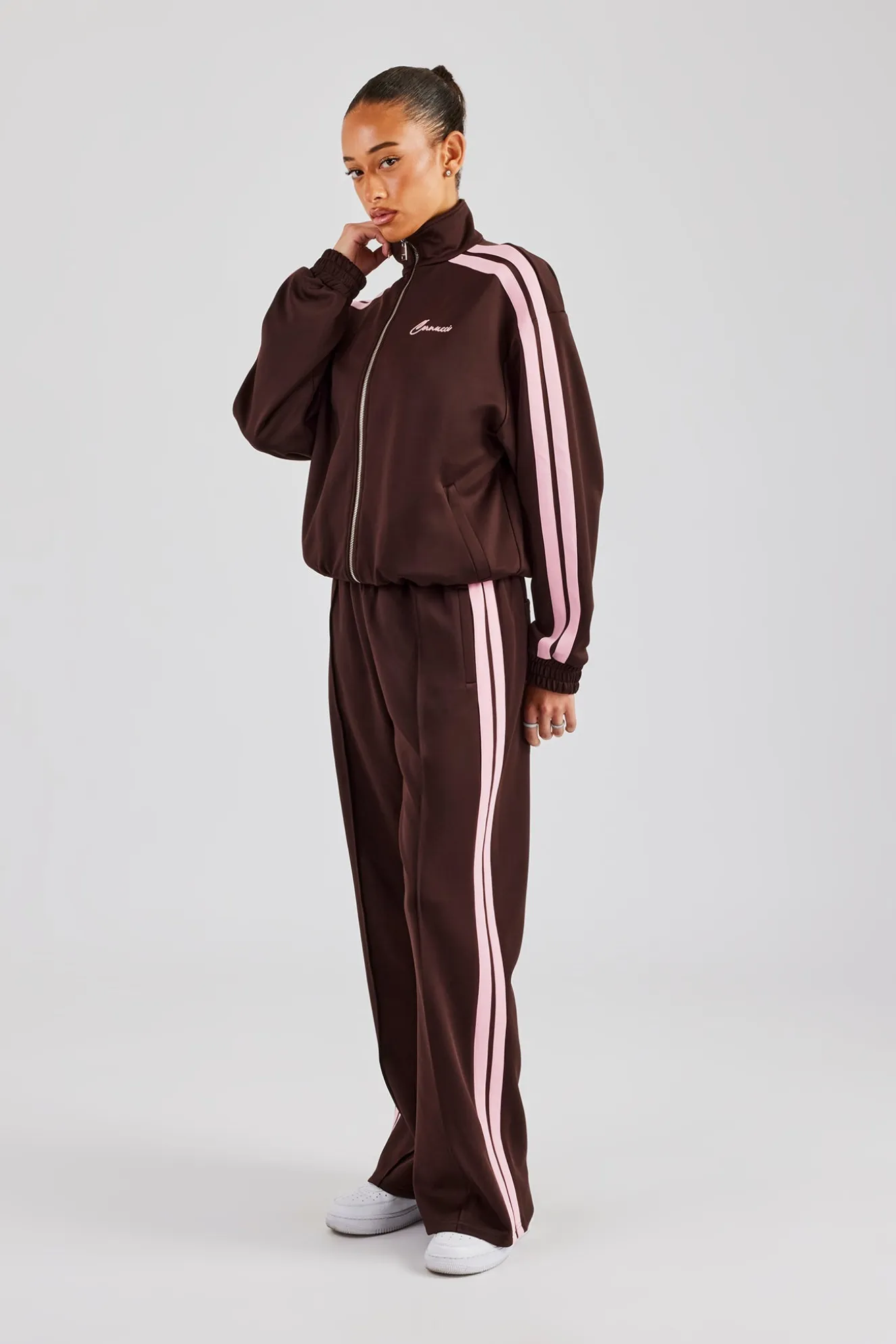 Funnel Neck Pink Taping Zip Through Tracksuit - Chocolate