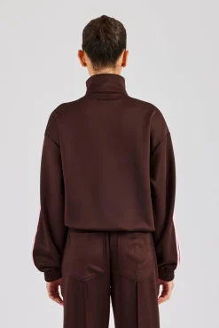 Funnel Neck Pink Taping Zip Through Track Jacket - Chocolate