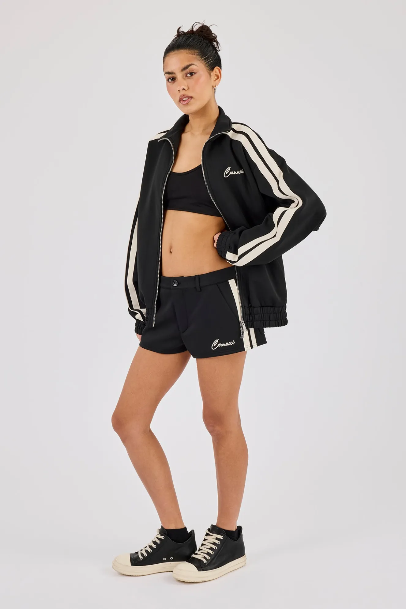 Funnel Neck Taping Zip Through Track Jacket & Micro Short - Black