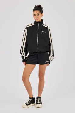 Funnel Neck Taping Zip Through Track Jacket & Micro Short - Black
