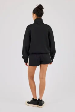 Funnel Neck Taping Zip Through Track Jacket & Micro Short - Black