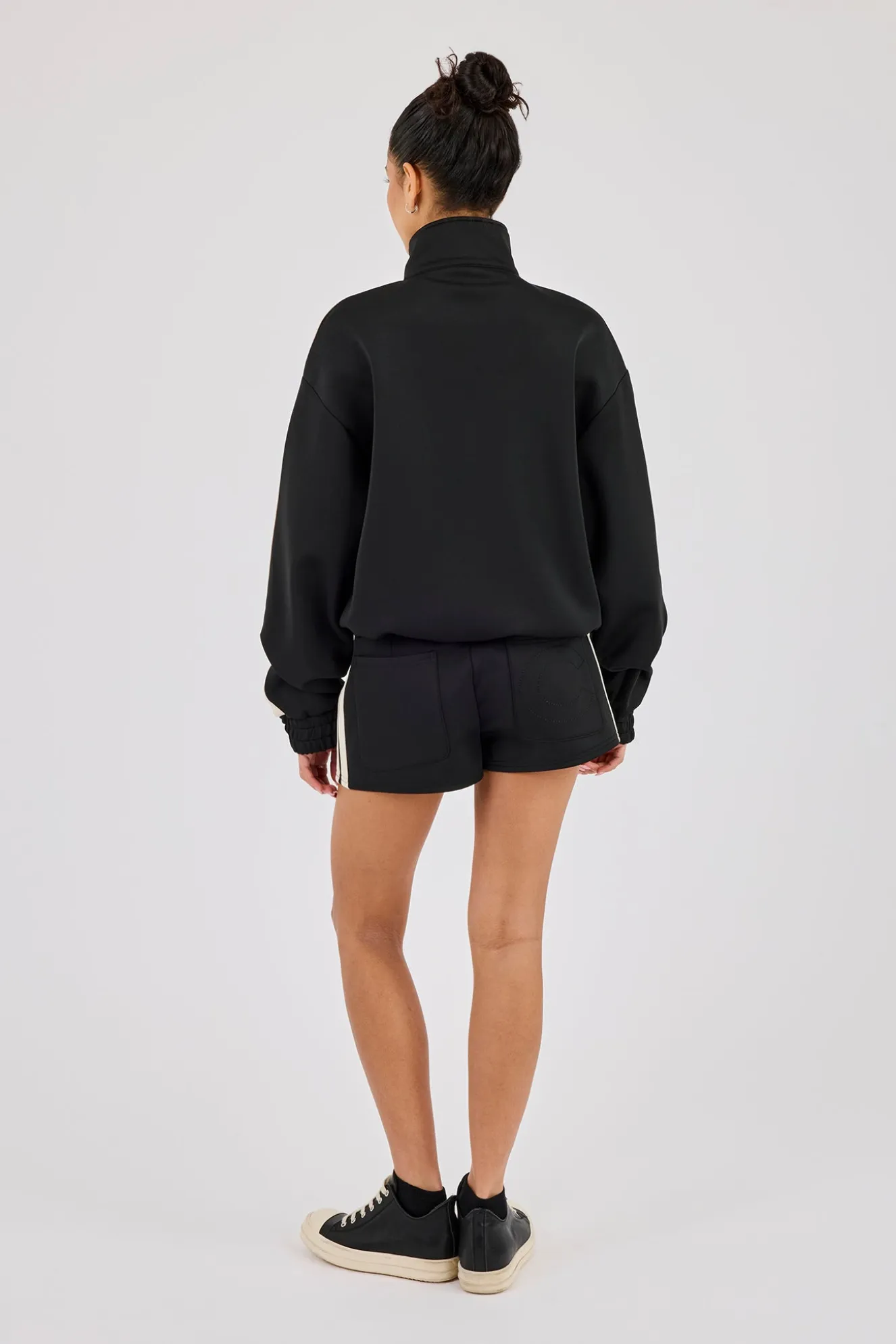 Funnel Neck Taping Zip Through Track Jacket & Micro Short - Black