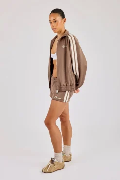 Funnel Neck Taping Zip Through Track Jacket & Micro Short - Taupe