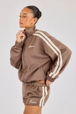 Funnel Neck Taping Zip Through Track Jacket & Micro Short - Taupe