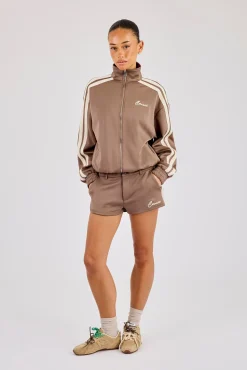 Funnel Neck Taping Zip Through Track Jacket & Micro Short - Taupe