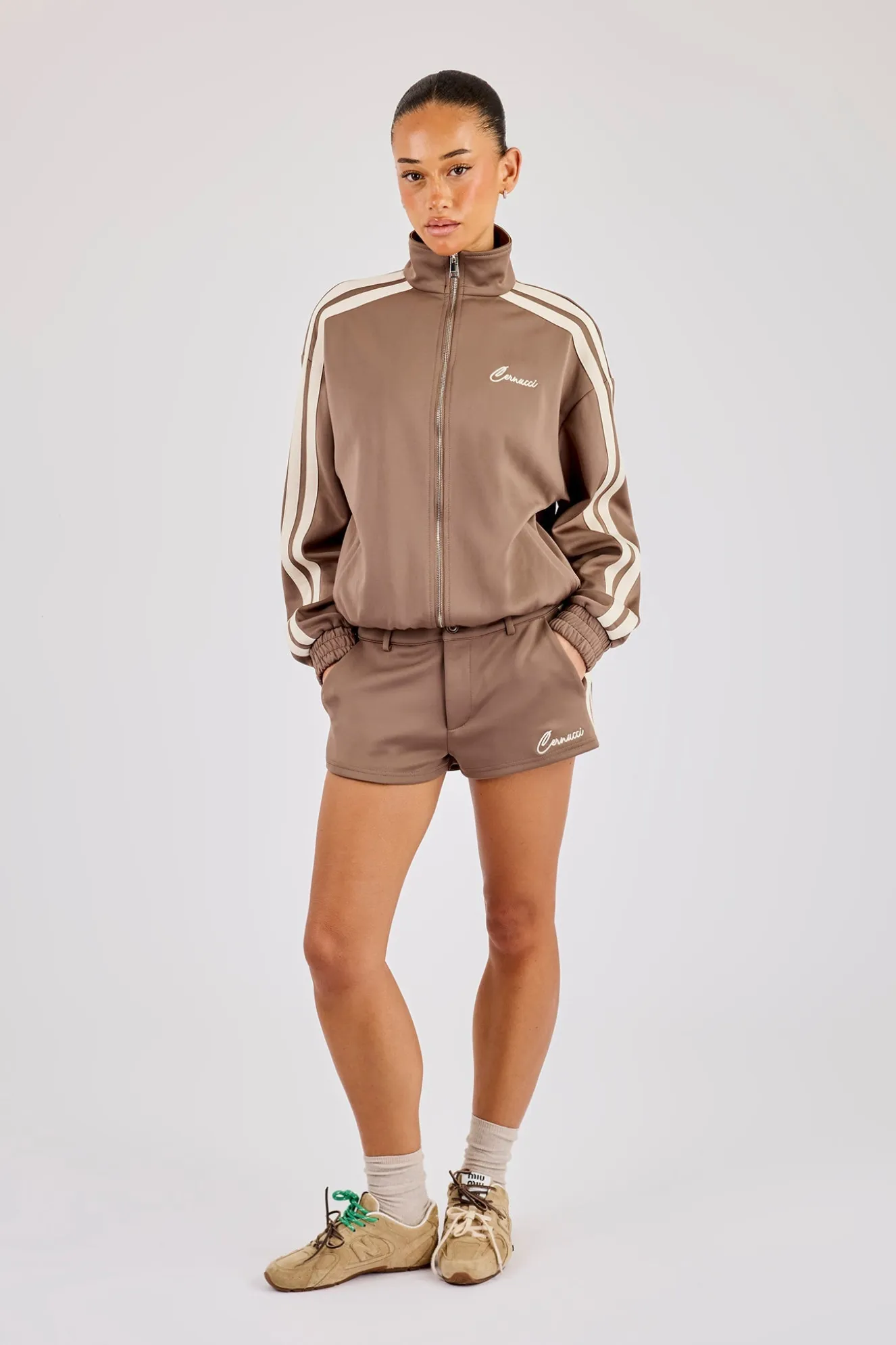 Funnel Neck Taping Zip Through Track Jacket & Micro Short - Taupe