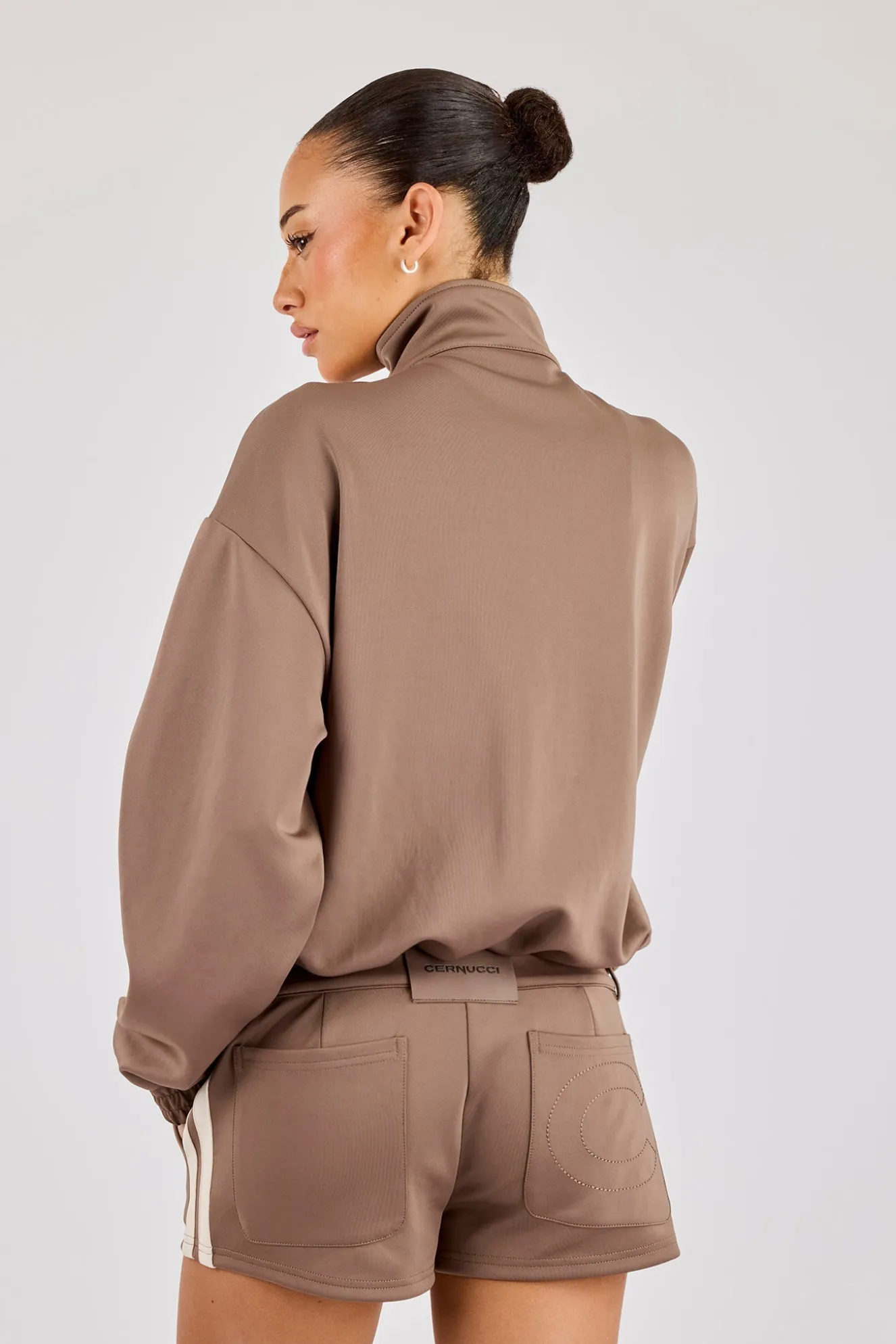 Funnel Neck Taping Zip Through Track Jacket & Micro Short - Taupe