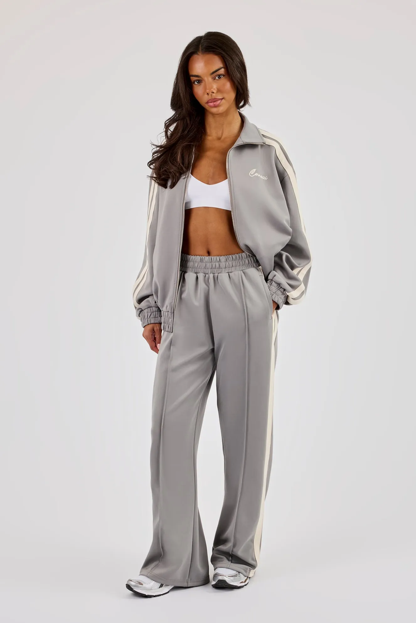 Funnel Neck Taping Zip Through Tracksuit - Grey