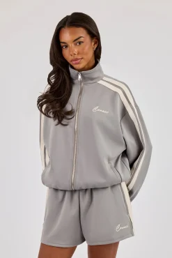 Funnel Neck Taping Zip Through Track Jacket - Grey