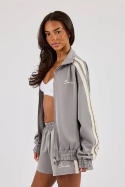 Funnel Neck Taping Zip Through Track Jacket - Grey