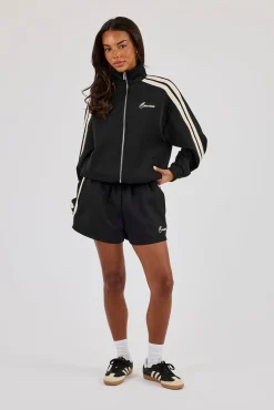 Funnel Neck Taping Zip Through Track Jacket & Short- Black