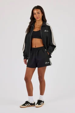 Funnel Neck Taping Zip Through Track Jacket & Short- Black