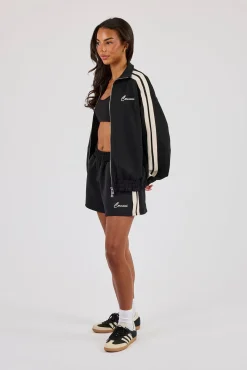 Funnel Neck Taping Zip Through Track Jacket & Short- Black