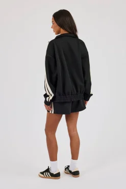 Funnel Neck Taping Zip Through Track Jacket & Short- Black