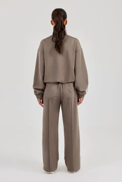 Funnel Neck Taping Zip Through Track Jacket & Wide Leg Pant - Taupe