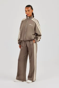 Funnel Neck Taping Zip Through Track Jacket & Wide Leg Pant - Taupe