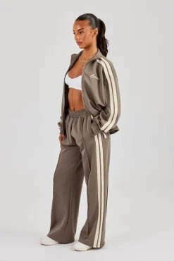 Funnel Neck Taping Zip Through Track Jacket & Wide Leg Pant - Taupe