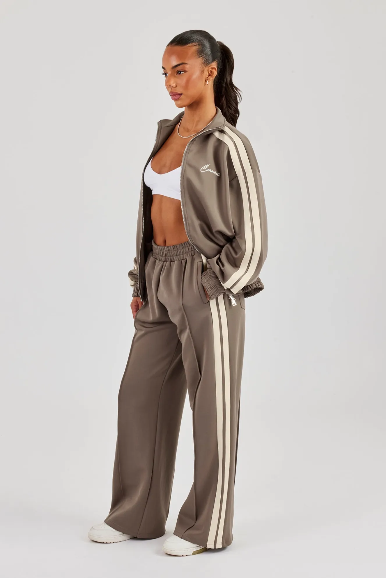 Funnel Neck Taping Zip Through Track Jacket & Wide Leg Pant - Taupe