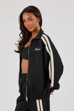 Funnel Neck Taping Zip Through Track Jacket - Black