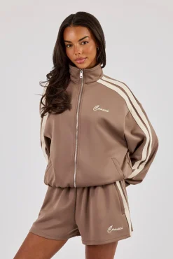 Funnel Neck Taping Zip Through Track Jacket - Taupe