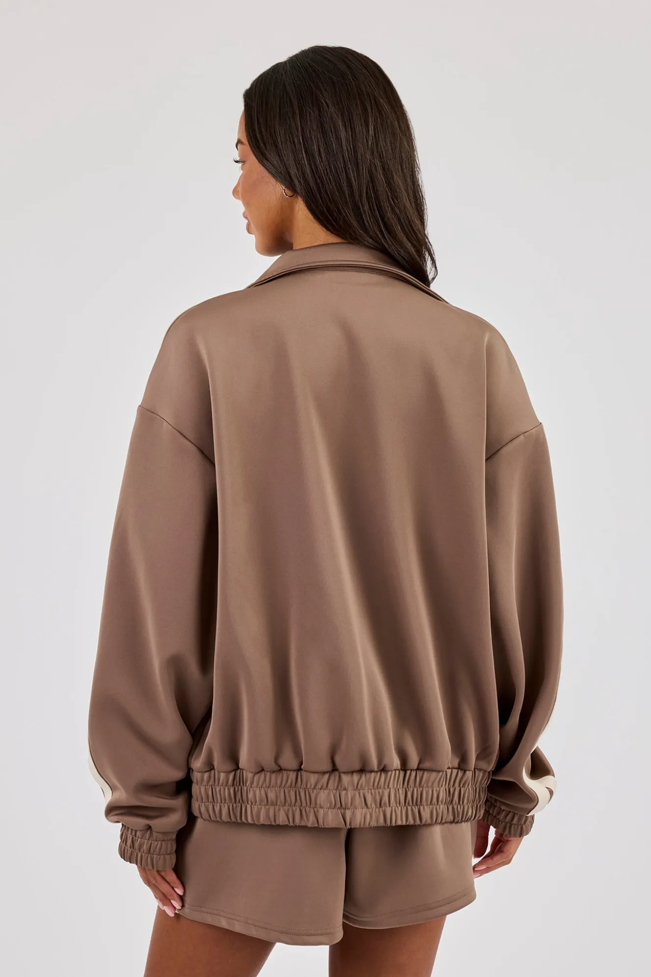 Funnel Neck Taping Zip Through Track Jacket - Taupe