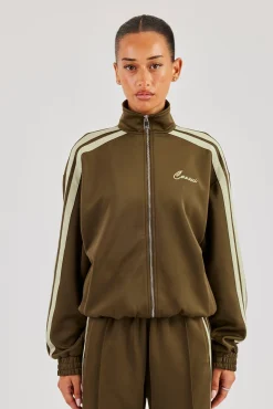 Funnel Neck Taping Zip Through Track Jacket - Khaki
