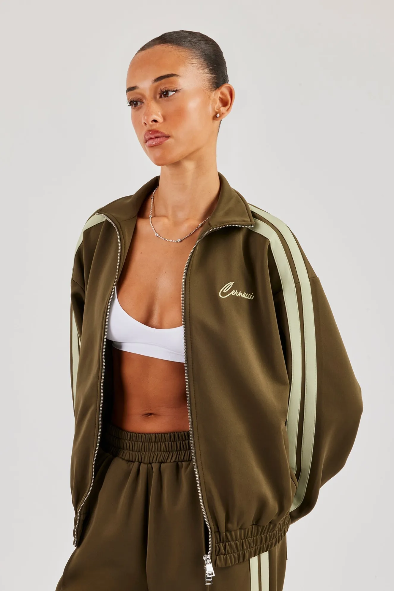Funnel Neck Taping Zip Through Track Jacket - Khaki